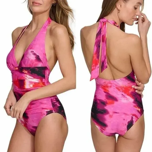 DKNY Tie-Back Halter-Style One-Piece Swimsuit Size Medium - Picture 10 of 11